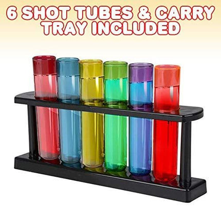 ArtCreativity Test Tube Glass Set, 6 Plastic Laboratory Glasses with Carry Tray, Funny Scientific Gifts for Adults, Cool Chemistry Graduation Gag Gift, Unique Drinking Gifts for Men and Women