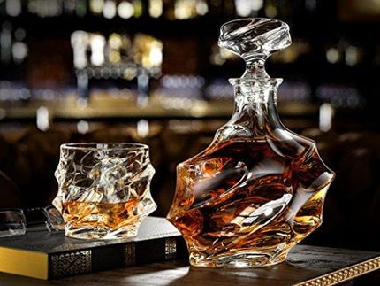 Ashcroft 5-Piece Everest Whiskey Decanter Set. 4 Glasses and Scotch Decanter with Stopper. Unique Elegant Dishwasher Safe Glass Liquor Bourbon Decanter Ultra - Clarity Glassware