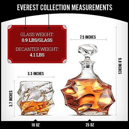 Ashcroft 5-Piece Everest Whiskey Decanter Set. 4 Glasses and Scotch Decanter with Stopper. Unique Elegant Dishwasher Safe Glass Liquor Bourbon Decanter Ultra - Clarity Glassware