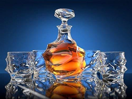 Ashcroft 5-Piece Everest Whiskey Decanter Set. 4 Glasses and Scotch Decanter with Stopper. Unique Elegant Dishwasher Safe Glass Liquor Bourbon Decanter Ultra - Clarity Glassware
