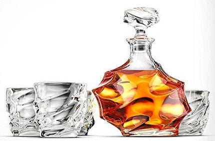Ashcroft 5-Piece Everest Whiskey Decanter Set. 4 Glasses and Scotch Decanter with Stopper. Unique Elegant Dishwasher Safe Glass Liquor Bourbon Decanter Ultra - Clarity Glassware