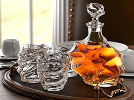 Ashcroft 5-Piece Everest Whiskey Decanter Set. 4 Glasses and Scotch Decanter with Stopper. Unique Elegant Dishwasher Safe Glass Liquor Bourbon Decanter Ultra - Clarity Glassware