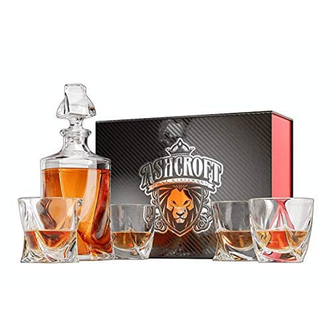 Ashcroft Twist Whiskey Decanter Sets - 5 Piece - Decanter set with 4 glasses - Liquor Decanter set & Scotch Glasses for Men - Whiskey Decanter Set & 4 Liquor Glasses for Rum, Whisky, Bourbon Crystal