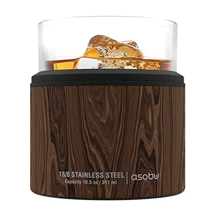 asobu Whiskey Glass with Insulated Stainless Steel Sleeve, 10.5 ounces (Wood)