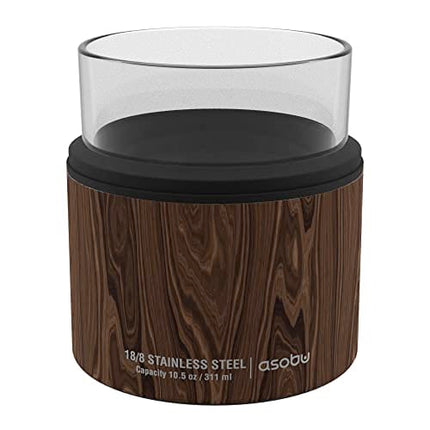 asobu Whiskey Glass with Insulated Stainless Steel Sleeve, 10.5 ounces (Wood)