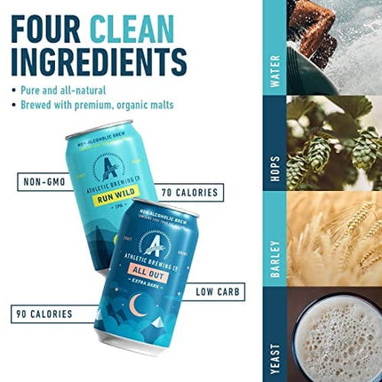 Athletic Brewing Company Craft Non-Alcoholic Beer - 6-Pack Run Wild IPA and 6-Pack All Out - Low-Calorie, Award Winning - All Natural Ingredients For A Great Tasting Drink - 12 Fl Oz Cans