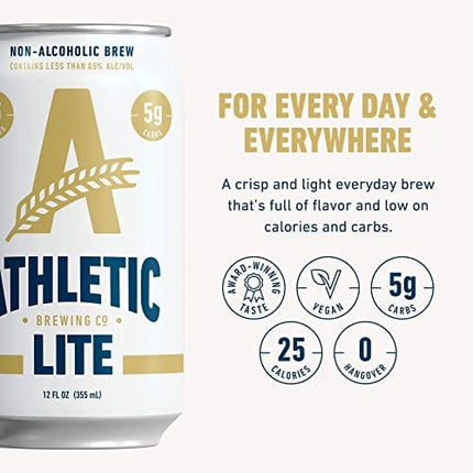 Athletic Brewing Company Light Craft Non-Alcoholic Beer - 6 Pack x 12 Fl Oz Cans - Athletic Lite Light Brew - Low-Calorie, Award Winning - Simply Crisp, Refreshing, Brisk & Smooth - Beautiful Noble Hops & Malt Body