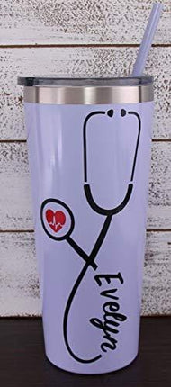 22 oz Nurse's Personalized Stainless Steel Tumbler with Custom Stethoscope Vinyl Decal by Avito - Includes Straw and Lid - Nurse RN - Nurse Gift
