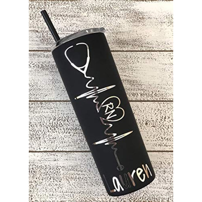 Heartbeat Nurse's Personalized 20 oz Stainless Steel Skinny Tumbler with Custom Stethoscope Vinyl Decal by Avito - Includes Straw and Lid - Nurse RN,CNA - Nurse Gift