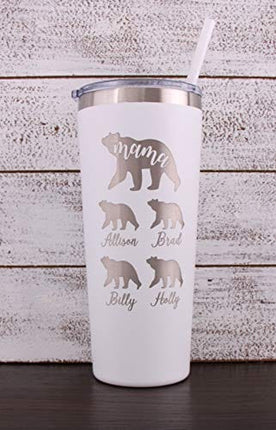 Personalized Laser Engraved 22 oz Stainless Steel Tumbler with Custom Mama/Papa Bear and Cubs - Includes Straw and Lid - Bear, Mama, Papa, Cubs, Parent Gift, Mother's Day Gift, Father's Day Gift