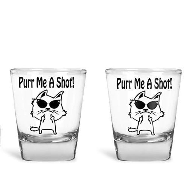 AW Fashions - Purr Me a Shot - Funny Cat Lover Idea - Humorous Middle Finger Cat - 2 Pack Round Set of Shot Glass