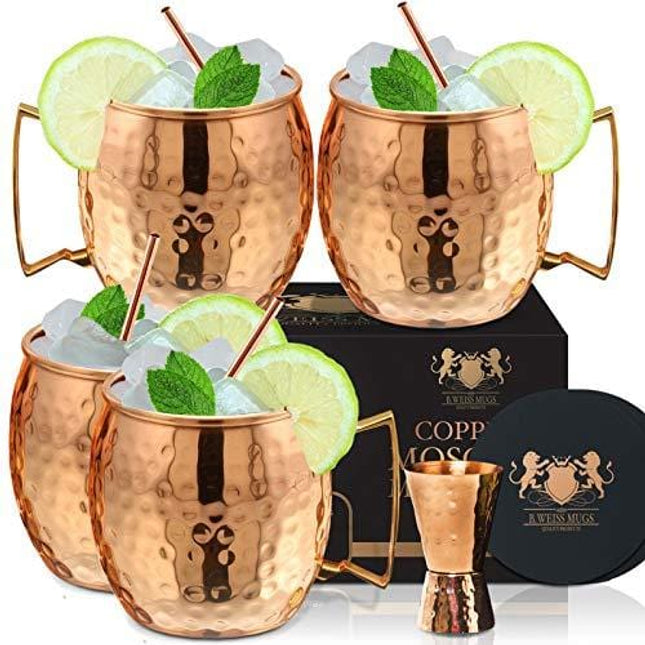 [Gift Set] 100% Pure Copper Moscow mule mugs, Set Of 4 copper cups for drinking Each Mug is HANDCRAFTED- Food Safe Pure Solid Copper Cups gift set (Set of 4)