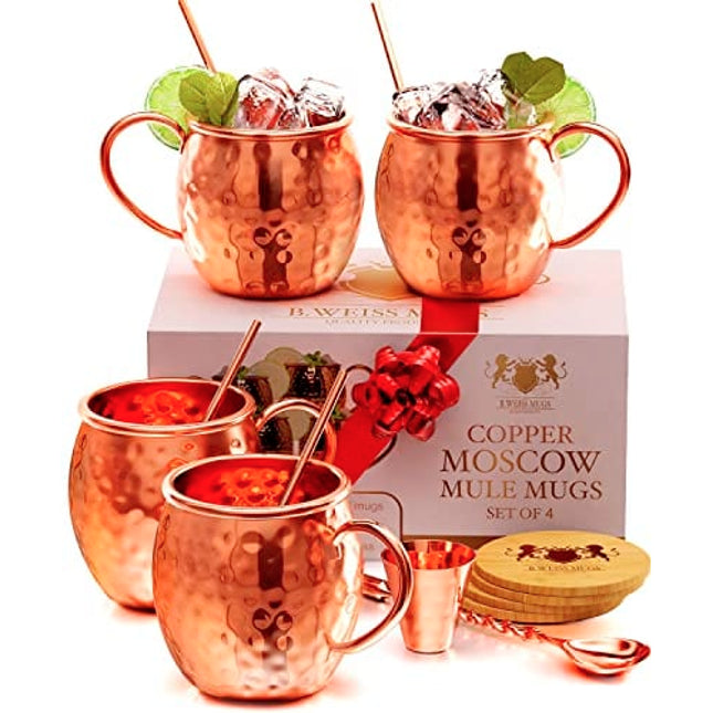 B. WEISS [CHRISTMAS GIFT SET] Moscow Mule Mugs Set+| SHOT GLASS| STRAWS| COASTERS| SPOON | Set Of 4 Pure copper Cups,16 Oz HANDCRAFTED-Premium Quality