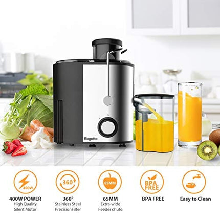 Juicer Machines Bagotte Fruit and Vegetable Juicer Compact Juicer Extractor Wide Mouth Centrifugal Juicer, Easy Clean Juicer, Stainless Steel, Dual-Speed, BPA-Free