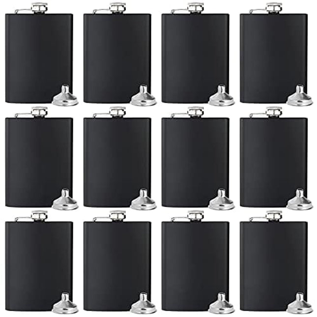 Set of 12 Black 8OZ Hip Flask with Silver lid for Liquor Stainless Steel with 12 pcs Funnel for Gift, Camping, Wedding Party