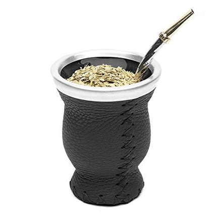 Balibetov [New] Leather & Glass Yerba Mate Gourd Set (Mate Cup) with Yerba Mate Bombilla (Straw) (Black)