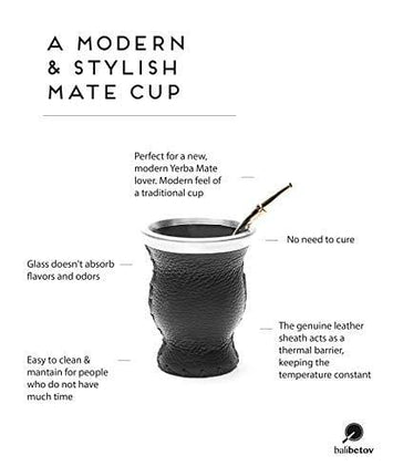 Balibetov [New] Leather & Glass Yerba Mate Gourd Set (Mate Cup) with Yerba Mate Bombilla (Straw) (Black)