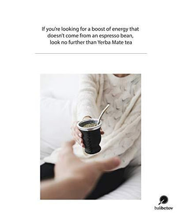 Balibetov [New] Leather & Glass Yerba Mate Gourd Set (Mate Cup) with Yerba Mate Bombilla (Straw) (Black)