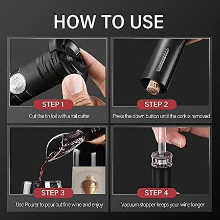 BALORIZ 4-in-1 Electric Wine Bottle Opener Kit Rechargeable Automatic Corkscrew Set with Foil Cutter, Vacuum Stopper, Pourer for Kitchen, Home, Bar, Restaurant, Wine Lovers, Christmas Gift for Him