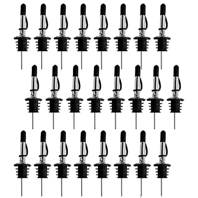 24 Pack Bottle Pourers, BALTRE Stainless Steel Liquor Pourers, with Siamese Rubber Dust Caps Pourers Tapered Spout, Suitable for About 3/4" Bottle Mouth
