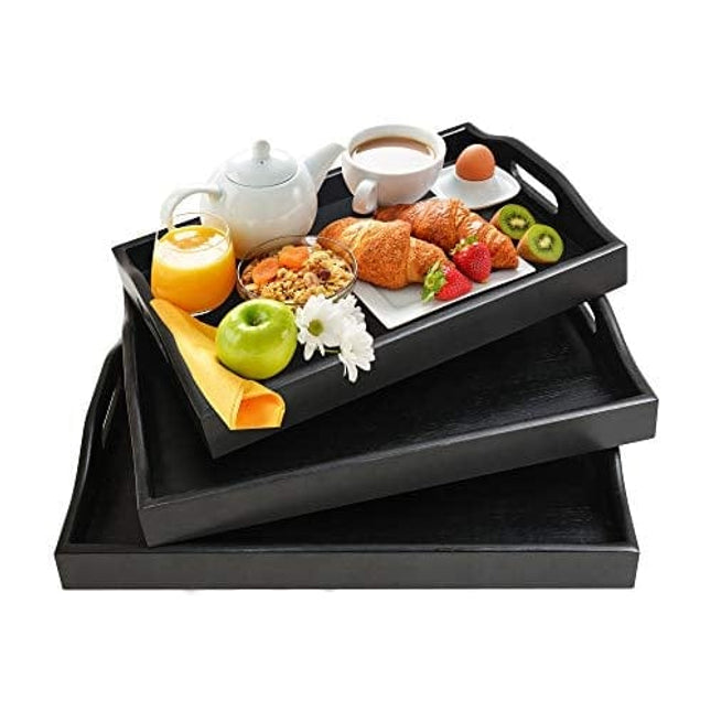 Serving Tray with Handles - Wood Bamboo Trays for Food Breakfast Party,Tea Coffee Table Ottoman Decor Set of 3 (Black)
