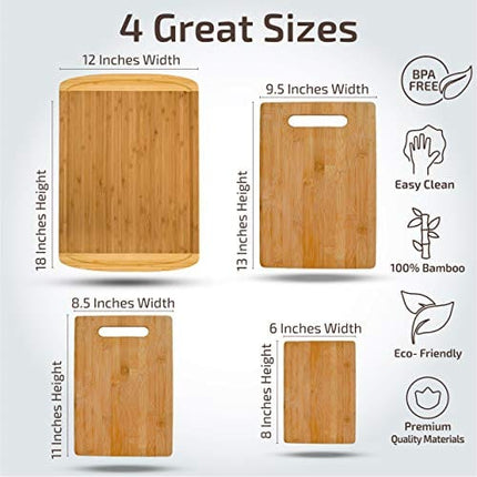 Bamboo Cutting Board Set of 4 - Kitchen Chopping Boards with Juice Groove for Meat, Cheese and Vegetables - Large Natural Wood Butcher Block, Cheese Board & Charcuterie Board