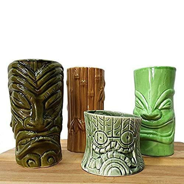 Tiki mugs cocktail set of 4 - large ceramic tiki tumblers - cute exotic cocktail glasses - funny ceramic cups - tiki bar professional drinkware - hawaiian party barware - great home bar present idea