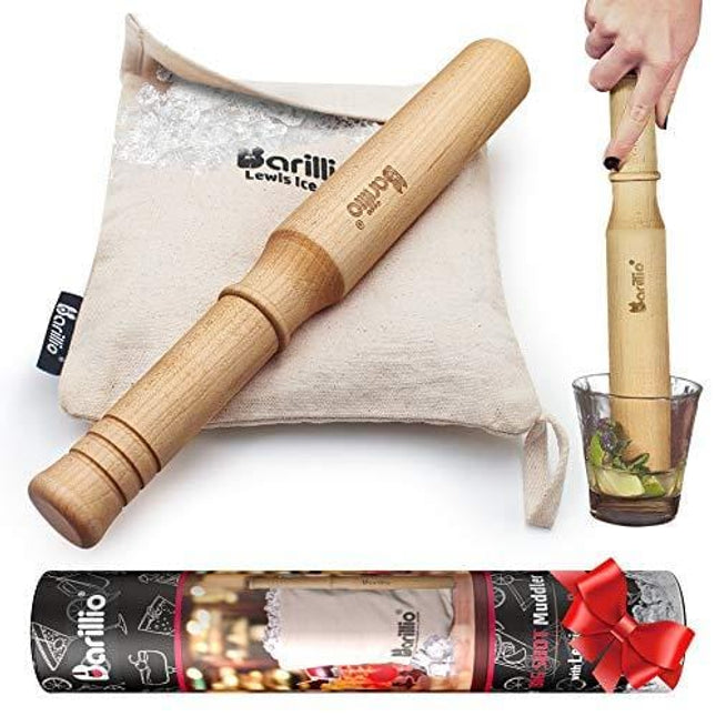 BIG-SHOT 13.75" Hard Maple Muddler Mallet & Lewis Ice Bag Kit by BARILLIO | Wooden Mojito Muddler Bar Tool Ice Crusher & Canvas Bag Set | Make Cocktails Drinks And Crushed Ice With Ease