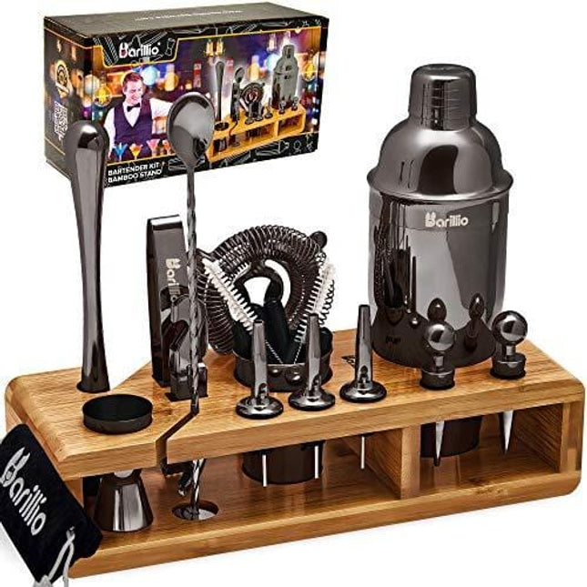 Black 23-Piece Bartender Kit Cocktail Shaker Set by BARILLIO: Stainless Steel Bar Tools With Sleek Bamboo Stand, Velvet Carry Bag & Recipes Booklet | Ultimate Drink Mixing Adventure