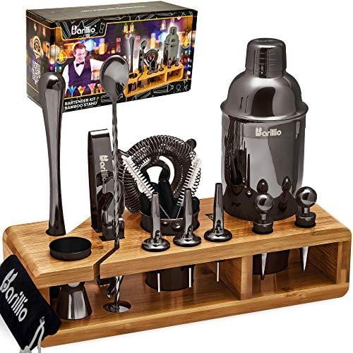 Black 23-Piece Bartender Kit Cocktail Shaker Set by BARILLIO: Stainless Steel Bar Tools With Sleek Bamboo Stand, Velvet Carry Bag & Recipes Booklet | Ultimate Drink Mixing Adventure