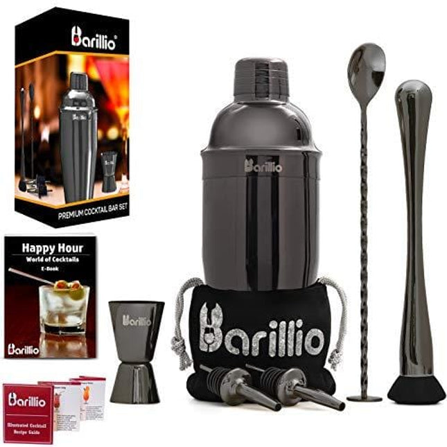 Black Cocktail Shaker Set Bartender Kit by BARILLIO: 24 oz Stainless Steel Martini Mixer, Muddler, Mixing Spoon, jigger, 2 liquor pourers, Velvet Bag, Recipes Booklet & eBook