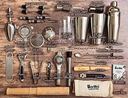 Cocktail Shaker Set Bartender Kit by BARILLIO: Complete Bar Tool Set | Stainless Steel Barware Essentials, Premium Mixology Gear