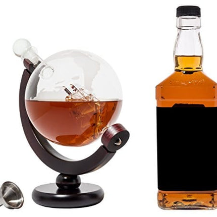 BarMe 850ml Whiskey Decanter with Dark Finished Wood Stand and Bar Funnel