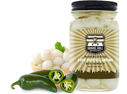 Barrel Roll Bar Essentials Cocktail Onions - Jalapeño Stuffed Sour Silver Skin Pickled Onions with Vermouth in Salty Vinegar - Gibson, Bloody Mary Cocktail Garnish - Gourmet Ingredients - 16 Ounces