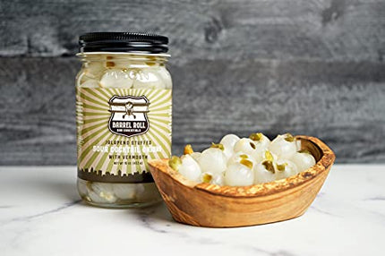 Barrel Roll Bar Essentials Cocktail Onions - Jalapeño Stuffed Sour Silver Skin Pickled Onions with Vermouth in Salty Vinegar - Gibson, Bloody Mary Cocktail Garnish - Gourmet Ingredients - 16 Ounces