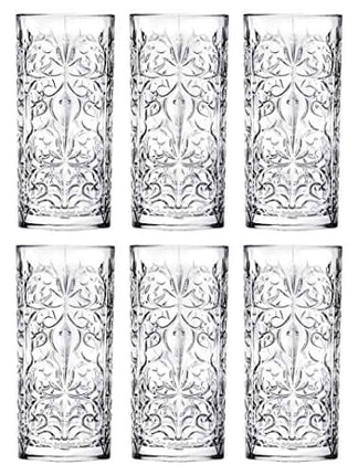 Highball - Glass - Set of 6 - Hiball Glasses - Lead Free Crystal - Beautiful Tattoo Design - Drinking Tumblers - for Water, Juice, Wine, Beer and Cocktails - 13 oz. - by Barski - Made in Europe