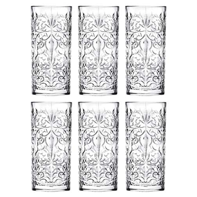 Highball - Glass - Set of 6 - Hiball Glasses - Lead Free Crystal - Beautiful Tattoo Design - Drinking Tumblers - for Water, Juice, Wine, Beer and Cocktails - 13 oz. - by Barski - Made in Europe