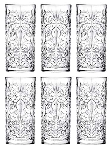 Highball - Glass - Set of 6 - Hiball Glasses - Lead Free Crystal - Beautiful Tattoo Design - Drinking Tumblers - for Water, Juice, Wine, Beer and Cocktails - 13 oz. - by Barski - Made in Europe