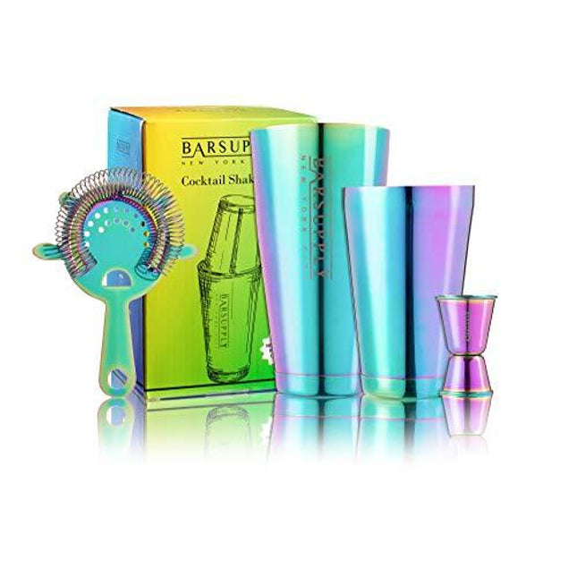 Professional Boston Cocktail Shaker Set, 4-Piece Bar Set, Stainless Steel 304, 28oz/18oz Weighted Shaker Tins, Hawthorne Strainer, Double Sided Jigger, Recipe Booklet, Bartender Kit (Rainbow Chrome)