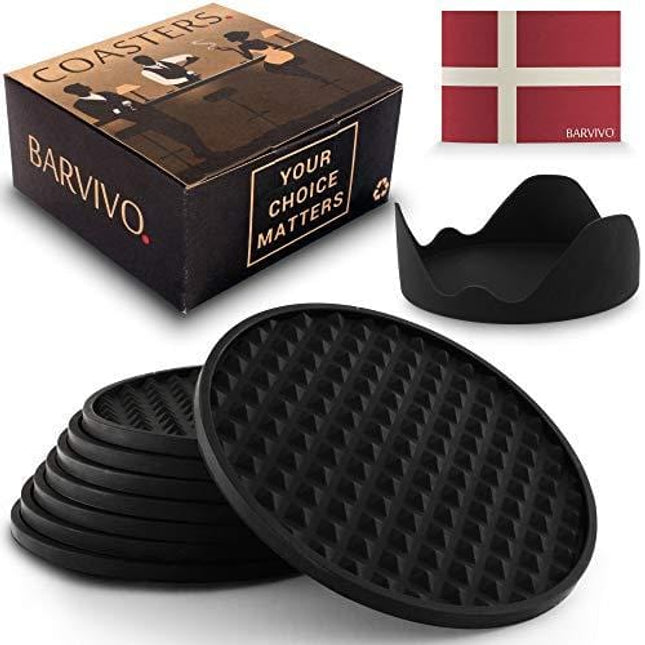 Barvivo Drink Coasters Set of 8 /w Holder - Tabletop Protection for Any Table Type, Wood, Granite, Glass, Soapstone, Sandstone, Stone Tables - Perfect Soft Coaster Fits Any Size of Drinking Glasses