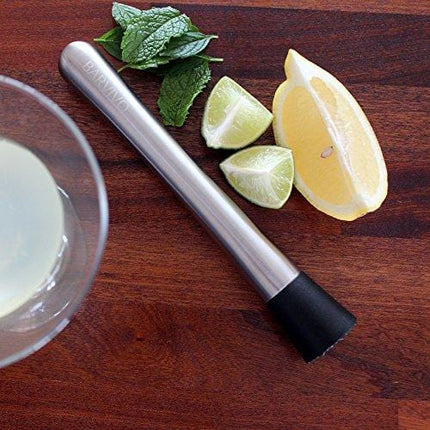 Professional Drink Muddler - Ideal Bartender Tool for Old Fashioned & Mojitos by BARVIVO - Muddle & Mix the Perfect Cocktail Right at Home Using This 8in. Stainless Steel Pestle w/Grooved Nylon Head
