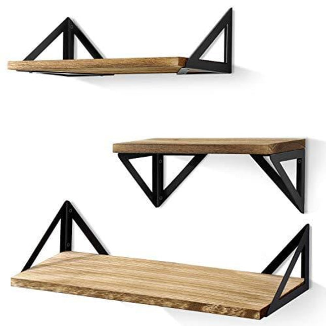 BAYKA Floating Shelves Wall Mounted, Rustic Wood Wall Shelves Set of 3 for Bedroom, Bathroom, Living Room, Kitchen