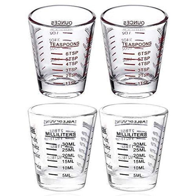 Shot Glasses Measuring cup Espresso Shot Glass Liquid Heavy Glass Wine Glass 26-Incremental Measurement 1oz, 6 Tsp, 2 Tbs, 30ml (2 pack-Black + 2 pack-Red)