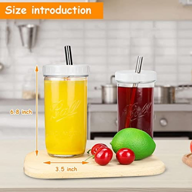 Bedoo Bubble Tea Cups 4 Pack 24 oz, Reusable Wide Mouth Smoothie Cups, Iced Coffee Cups With White Lids and Silver Straws Mason Jars Glass Cups, Travel Glass Drinking Bottle