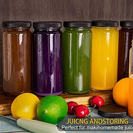 Glass Juicing Bottle Drinking Jars 12 Pack, Bedoo 16 oz Travel Glass Juice Bottles Leak Proof with Plastic Airtight Lids, Dishwasher Safe, Reusable Glass Bottles for Juicing ,Smoothies,Milk,Kombucha