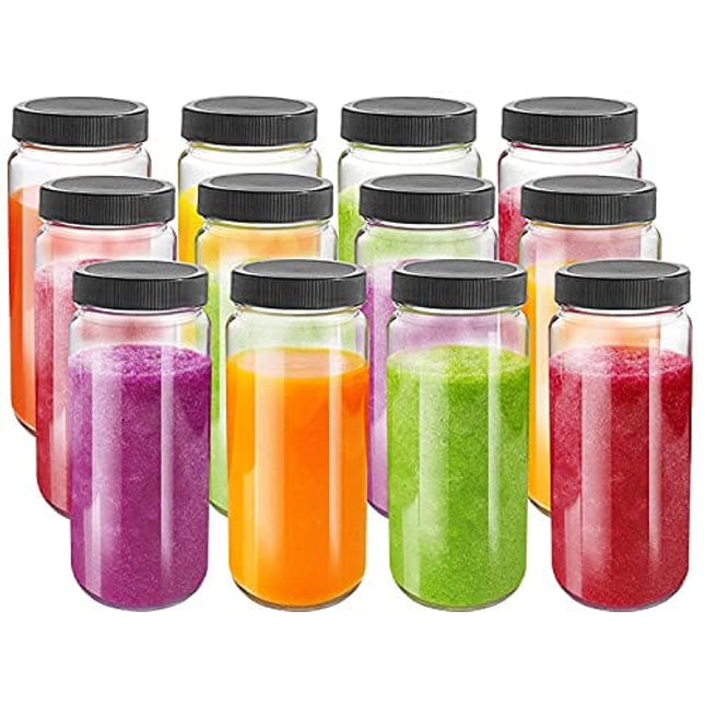 Glass Juicing Bottle Drinking Jars 12 Pack, Bedoo 16 oz Travel Glass Juice Bottles Leak Proof with Plastic Airtight Lids, Dishwasher Safe, Reusable Glass Bottles for Juicing ,Smoothies,Milk,Kombucha