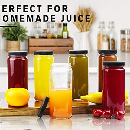 Glass Juicing Bottle Drinking Jars 12 Pack, Bedoo 16 oz Travel Glass Juice Bottles Leak Proof with Plastic Airtight Lids, Dishwasher Safe, Reusable Glass Bottles for Juicing ,Smoothies,Milk,Kombucha