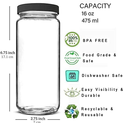 Glass Juicing Bottle Drinking Jars 12 Pack, Bedoo 16 oz Travel Glass Juice Bottles Leak Proof with Plastic Airtight Lids, Dishwasher Safe, Reusable Glass Bottles for Juicing ,Smoothies,Milk,Kombucha