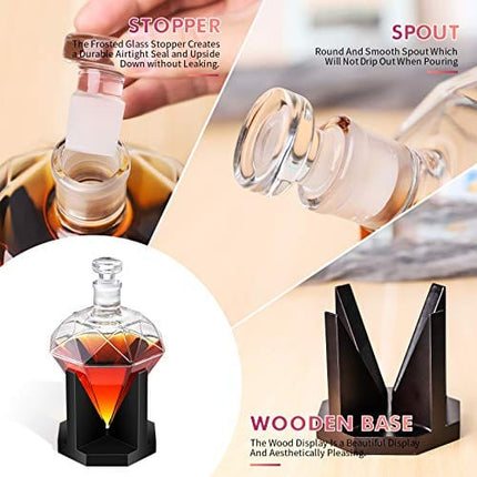 Whiskey Decanter - Diamond Decanter with Wooden Holder, Handcrafted Crafted Glass Decanter with Stopper for Liquor, Vodka, Bourbon, Tequila, Scotch, Rum, Ideal Gift 850ml