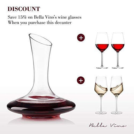 Bella Vino Wine Decanter, 100% Lead-Free Hand Blown Crystal Glass, Red Wine Carafe, Wine Aerator with Wide Base,Wine Accessories,Wine Gift, Elegant and Effective Red Wine Carafe (1800ML)